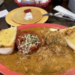Shrimp and grits, pancake Shrimp and grits, pancake