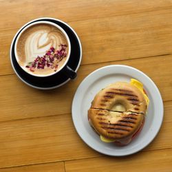 Seven Virtues Coffee - Sweetheart Mocha (seasonal) Egg Works on Plain Bagel