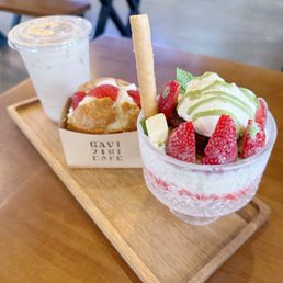 Matcha Strawberry Bingsoo + Strawberry Cream Scone + Iced Chai Latte Matcha Strawberry Bingsoo + Strawberry Cream Scone + Iced Chai Latte