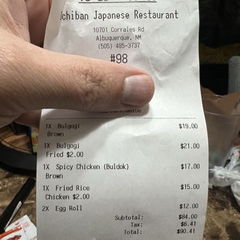 Ichiban Japanese Restaurant - Receipt of our order - Japanese Near Me - Albuquerque, New Mexico