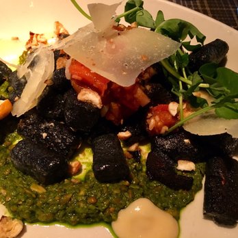 Root Down - Black Gnocchi - sweet corn pudding, pecorino toscano,  corn nuts, charred heirloom tomatoes, kale pesto and coconut charcoal - New American Near Me - Denver, Colorado