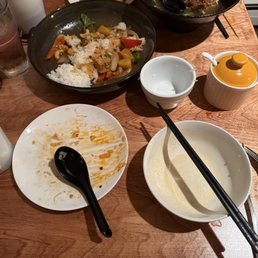 Spicy cashew rice dish and duck noodle soup