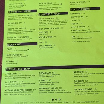 Picante - Vegetarian menu (back) - The menu from Picante in Berkeley, CA is printed on bright green paper and divided into sections for tacos, burritos or bowls, drinks, soft drinks, hot drinks, desserts, and bar offerings. It features items such as tacos with various fillings, burritos, and bowls, along with soft drinks like soda and agua fresca, hot beverages like espresso and latte, and desserts including rice pudding and cookies. The menu also lists alcoholic beverages like margaritas and beers, with prices and brief descriptions for each item. - Mexican Near Me - Berkeley, California