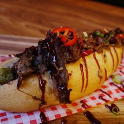 Manchester Smokehouse & Cellar - Texas pulled brisket po boy with chopped brisket, sweet pickle chilli’s and BBQ sauce