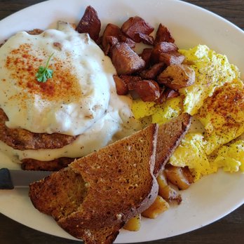 Hash - Chicken fried steak meal, featuring breakfast potatoes, scrambled eggs, wheat toast (after I took a bite), cinnamon apples - Breakfast & Brunch Near Me - Olympia, Washington