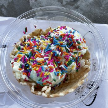 Bruster's Real Ice Cream - Waffle bowl with birthday cake ice cream and rainbow sprinkles - Ice Cream & Frozen Yogurt Near Me - Sandy Springs, Georgia Bruster's Real Ice Cream - Waffle bowl with birthday cake ice cream and rainbow sprinkles - Ice Cream & Frozen Yogurt Near Me - Sandy Springs, Georgia