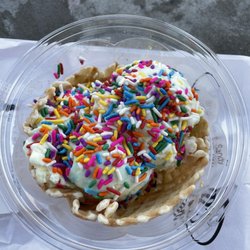 Bruster's Real Ice Cream - Waffle bowl with birthday cake ice cream and rainbow sprinkles