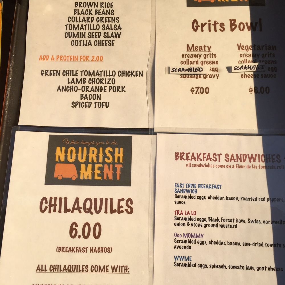 Nourishment - Menu items posted outside. - Food Trucks Near Me - Portland, Oregon Nourishment - Menu items posted outside. - Food Trucks Near Me - Portland, Oregon