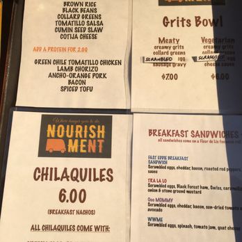 Nourishment - Menu items posted outside. - Food Stands Near Me - Portland, Oregon Nourishment - Menu items posted outside. - Food Stands Near Me - Portland, Oregon
