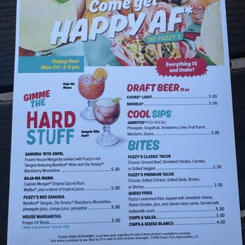Fuzzy's Tacos & Margs - Happy hour menu. - Tacos Near Me - Grand Junction, Colorado Fuzzy's Tacos & Margs - Happy hour menu. - Tacos Near Me - Grand Junction, Colorado