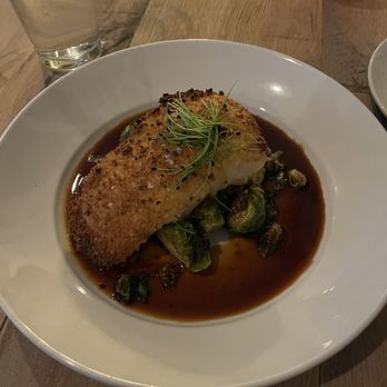 Salt on Mass - Parmesan sea bass, Brussels, and soy-caramel sauce. - Seafood Near Me - Indianapolis, Indiana Salt on Mass - Parmesan sea bass, Brussels, and soy-caramel sauce. - Seafood Near Me - Indianapolis, Indiana