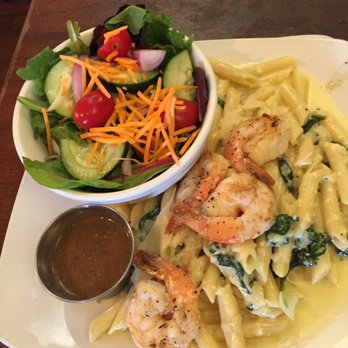 The Root Cellar Cafe - Spinach Alfredo with shrimp & a side house salad - Breakfast & Brunch Near Me - San Marcos, Texas