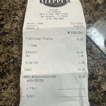 Tiu Steppi's Osteria - A to go fee?? - Italian Near Me - San Antonio, Texas