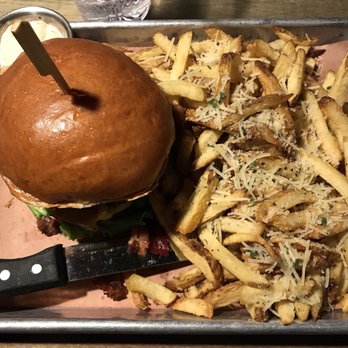 LSA Burger - Goodie burger and garlic parm fries - Cocktail Bars Near Me - Denton, Texas LSA Burger - Goodie burger and garlic parm fries - Cocktail Bars Near Me - Denton, Texas