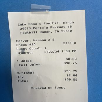 Inka Mama's - receipt - Peruvian Near Me - Foothill Ranch, California Inka Mama's - receipt - Peruvian Near Me - Foothill Ranch, California