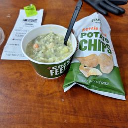 Soup and potatoe chips.