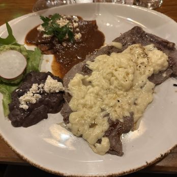 Las Quince Letras - Steak with cheese and side of mole - Oaxacan Near Me - Oaxaca, OAX Las Quince Letras - Steak with cheese and side of mole - Oaxacan Near Me - Oaxaca, OAX