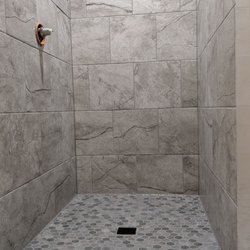 MI Facades - Walkin 3 x 4 shower, Tiled with porcelain 13"x13" santori tile from Lowes, hexagon floor tile also Lowes