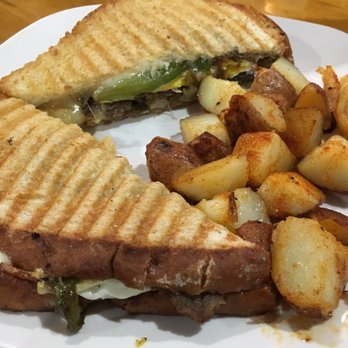 Ribbon Cafe - Shaved steak breakfast panini and homefries - Cafes Near Me - Ballston Spa, New York