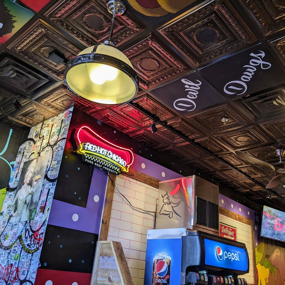 Devil Dawgs - Lakeview - It even says Devil Dawgs on the ceiling, in case you've forgotten where you are - Hot Dogs Near Me - Chicago, Illinois