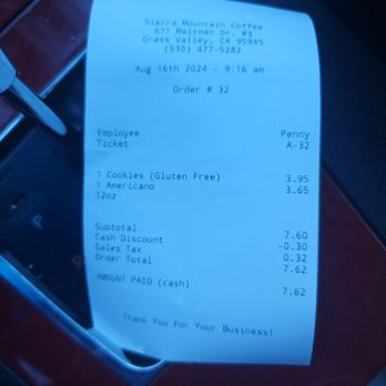 Sierra Mountain Coffee Roaster - Receipt - Coffee & Tea Near Me - Grass Valley, California Sierra Mountain Coffee Roaster - Receipt - Coffee & Tea Near Me - Grass Valley, California