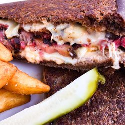 Lobethal Bierhaus - Bierhaus one pound smoked pastrami and swiss on rye toastie - with russian dressing, chips and dill pickle.