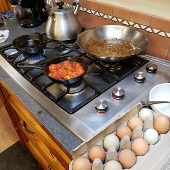 Nettles Farm - Breakfast making. We got a dozen fresh eggs for our stay as well as bacon, yogurt, coffee, half and half, and Dave's bread. - Bed & Breakfast Near Me - Lummi Island, Washington