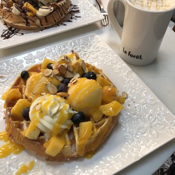 La Forêt - Mango waffle and banana chocolate waffle - Coffee & Tea Near Me - Burnaby, British Columbia La Forêt - Mango waffle and banana chocolate waffle - Coffee & Tea Near Me - Burnaby, British Columbia