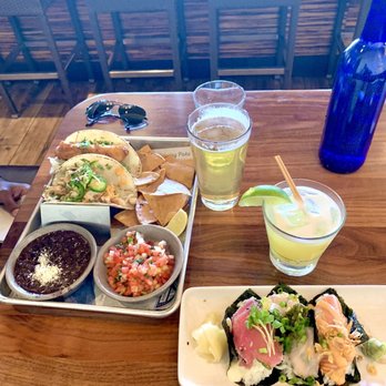 Pacific Catch - 2 taco plate with Baja fish taco and siracha chicken and all three sushi tacos. - Seafood Near Me - Dublin, California