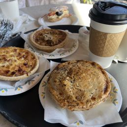Coffee, quiches, and chicken and sweet potato pot pie. Coffee, quiches, and chicken and sweet potato pot pie.