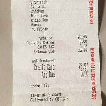 Pizza Hut - a receipt for a pizza order - Pizza Near Me - Dickinson, Texas