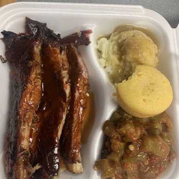 Oley's Kitchen & BBQ - BBQ ribs with okra n tomatoes, mash potatoes corn bread - Soul Food Near Me - Orlando, Florida Oley's Kitchen & BBQ - BBQ ribs with okra n tomatoes, mash potatoes corn bread - Soul Food Near Me - Orlando, Florida