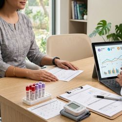 Comprehensive Medical Weight Loss - A healthcare professional consults with a patient at a medical office, reviewing health charts and progress data displayed on...