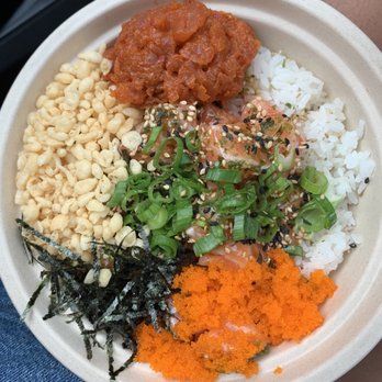 Fushipoke - Build your own bowl with salmon, ponzu sauce, spicy tuna, tempura flakes, nori, masago, scallions, furikake, and sesame seeds - Poke Near Me - Sarasota, Florida Fushipoke - Build your own bowl with salmon, ponzu sauce, spicy tuna, tempura flakes, nori, masago, scallions, furikake, and sesame seeds - Poke Near Me - Sarasota, Florida