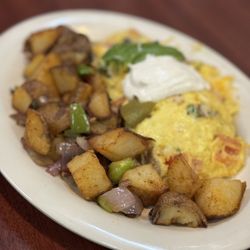 Tina Marie's - Eggs and Potatoes Plate with Scrambled eggs with Onions and Bell Peppers added