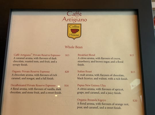 Menu photo 5 Artigiano - Main St Vancouver, BC