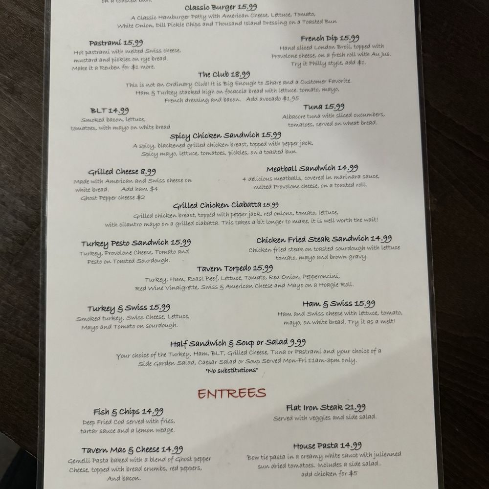 Tavern Grille - Back of menu - American Near Me - Murrieta, California