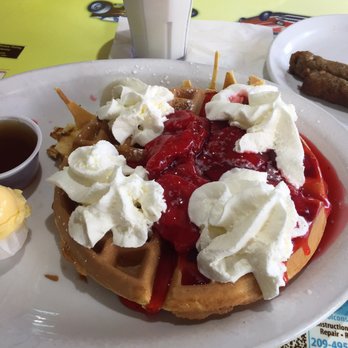 Hot Rod Diner - Waffle World ($6.99) with 2 sausage links ($1.50) and milk ($2.29) 7/7/19 - Breakfast & Brunch Near Me - Turlock, California Hot Rod Diner - Waffle World ($6.99) with 2 sausage links ($1.50) and milk ($2.29) 7/7/19 - Breakfast & Brunch Near Me - Turlock, California