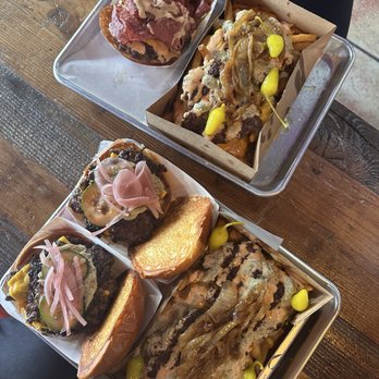 Gully Burger - Top: Skinty Burger and Jangli Fries Bottom: Bhangra Smash (2) and Jangli Fries - Halal Near Me - Santa Ana, California Gully Burger - Top: Skinty Burger and Jangli Fries Bottom: Bhangra Smash (2) and Jangli Fries - Halal Near Me - Santa Ana, California