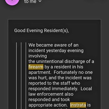 Instrata at Legacy West - An email from the apartment acknowledging shots fired inside the complex by another (previous) resident. - Apartments Near Me - Plano, Texas