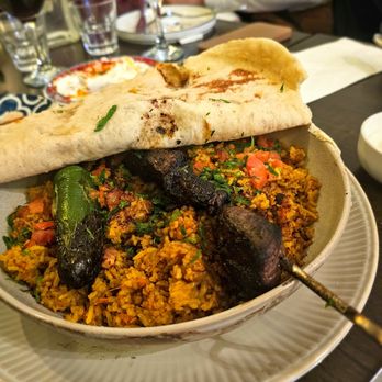 Zesty Tabbouleh - Royal Belief- Aromatic rice belief, red raisins, roasted almonds, garlic confit, grilled lamb, with yogurt. $29. Great rice but a bit carby - Lebanese Near Me - New York, New York Zesty Tabbouleh - Royal Belief- Aromatic rice belief, red raisins, roasted almonds, garlic confit, grilled lamb, with yogurt. $29. Great rice but a bit carby - Lebanese Near Me - New York, New York