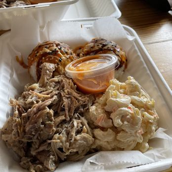 Big Kahuna - Kalua Pork plate with max salad and Rice topped with spicy mayo and katsu sauce - Burgers Near Me - Lexington, Kentucky