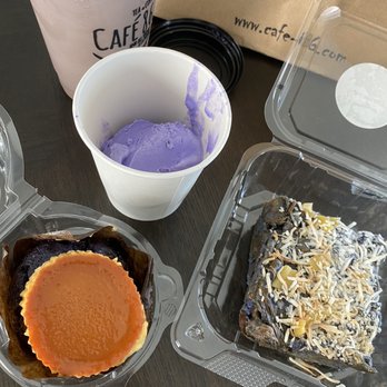 Cafe 86 - Ube cupcake (flan on top!) in bottom left corner, Ube Bread Pudding on the right - Desserts Near Me - San Diego, California
