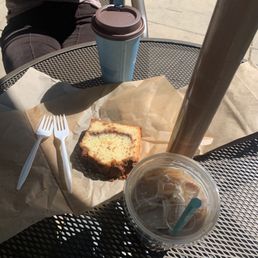 Chai, coffee cake, iced mocha