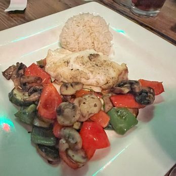 Lighthouse Bistro & Pub - Pan seared halibut with "harvest" veggies. $39!! Rice was a cold rock as seen if video that I added. - Seafood Near Me - Nanaimo, British Columbia