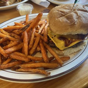 The FarmHouse Restaurant - Plow boy burger with sweet potato fries-Both really good!! 4.5/5! - Breakfast & Brunch Near Me - Stephenson, Michigan The FarmHouse Restaurant - Plow boy burger with sweet potato fries-Both really good!! 4.5/5! - Breakfast & Brunch Near Me - Stephenson, Michigan