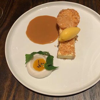 S.K.Y. - Crema brûlée cheesecake with passion fruit sorbet - New American Near Me - Chicago, Illinois S.K.Y. - Crema brûlée cheesecake with passion fruit sorbet - New American Near Me - Chicago, Illinois
