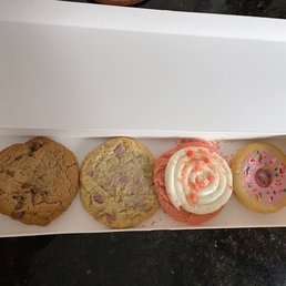 milk chocolate chip, ruby chocolate chip, pink velvet, and pink doughnut