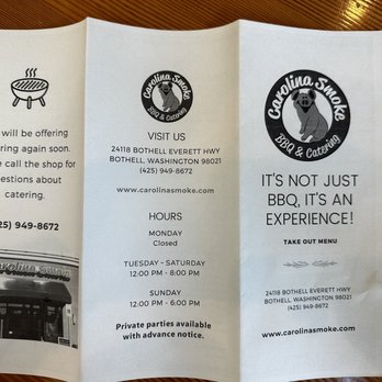 Carolina Smoke BBQ and Catering - Outside of to-go menu as of June 2023 - Barbeque Near Me - Bothell, Washington
