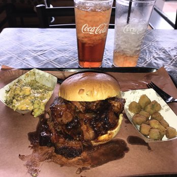 The Smoke Pit - Their "Burnt End" sandwich on brioche or Texas Toast with a side of fried okra and broccoli casserole is the absolute best in NC &  KS - Southern Near Me - Salisbury, North Carolina